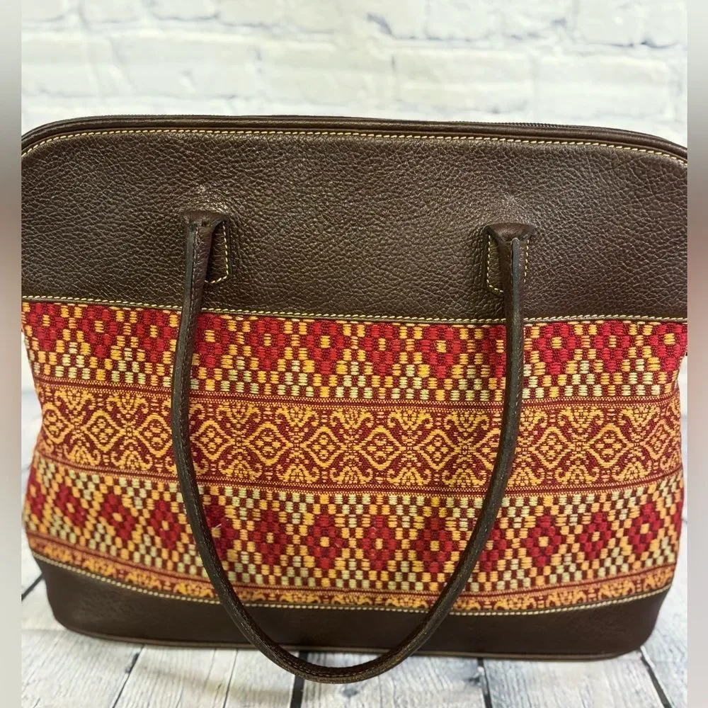 John Heaton Weekender Dark Chocolate Brown Leather Tapestry Boho Shoulder Purse